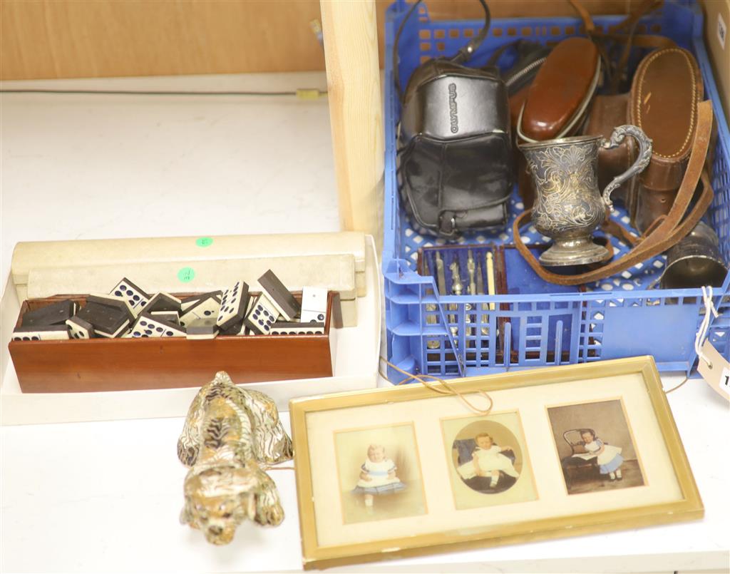 A quantity of mixed collectables including two fans, a pottery dog, cameras etc.